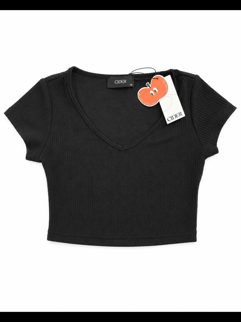 Cider Black Ribbed V-Neck Short Sleeve Crop Top